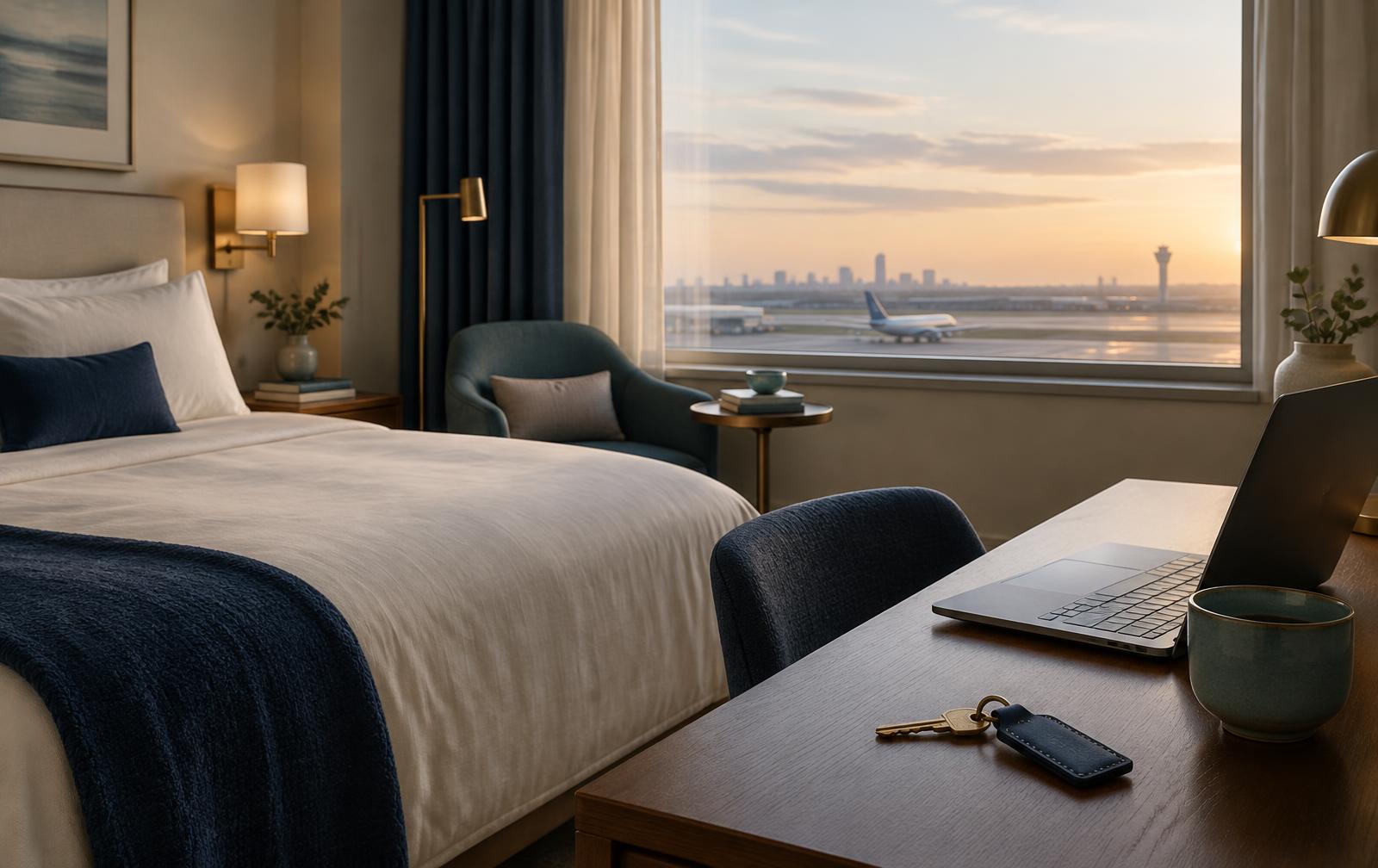 A calm day room by an airport at dawn, with a key on the desk